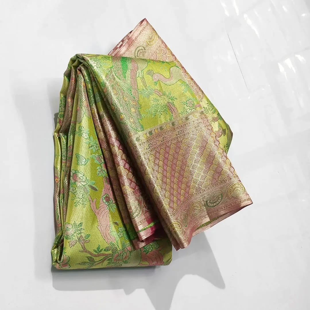 Lime Green Kanchipuram Handloom Tissue Brocade Meenakari Silk Saree